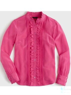 (NWOT) J. Crew Ruffle 100% Silk Button-Up Blouse shirt - Fuchsia Pink, Size 2P